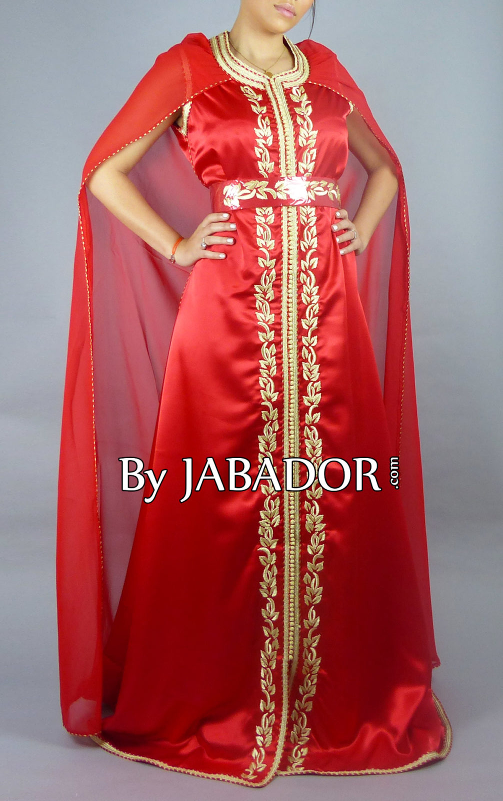 Moroccan Red Cape Caftan in Satin and Muslin by Jabador