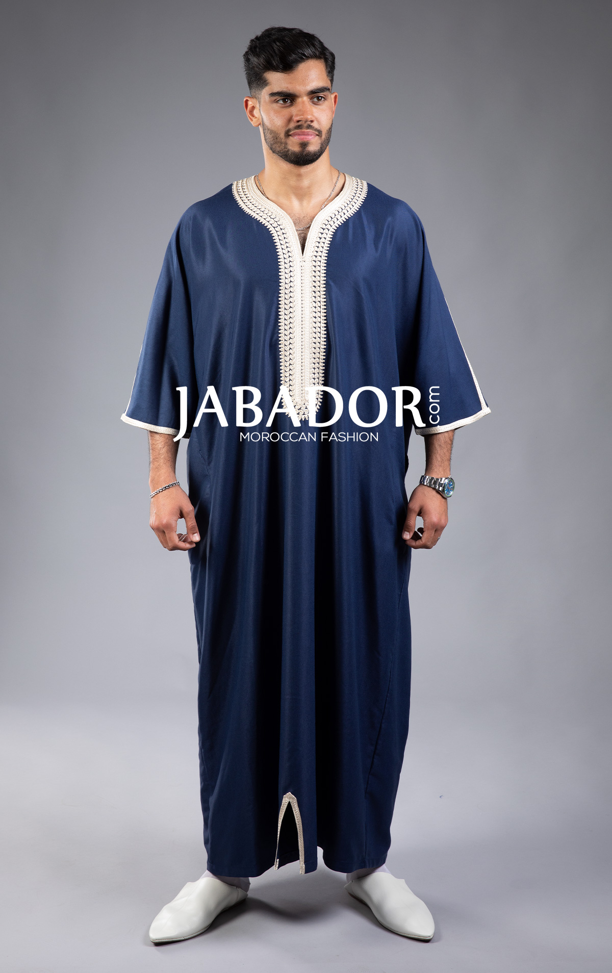 Midnight blue Gandoura in linen with beige embroideries by Jabador.com