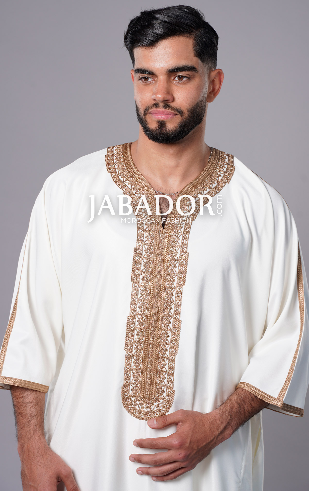 White Moroccan Thobe with Brown Embroidery (Bronze) by Jabador.com