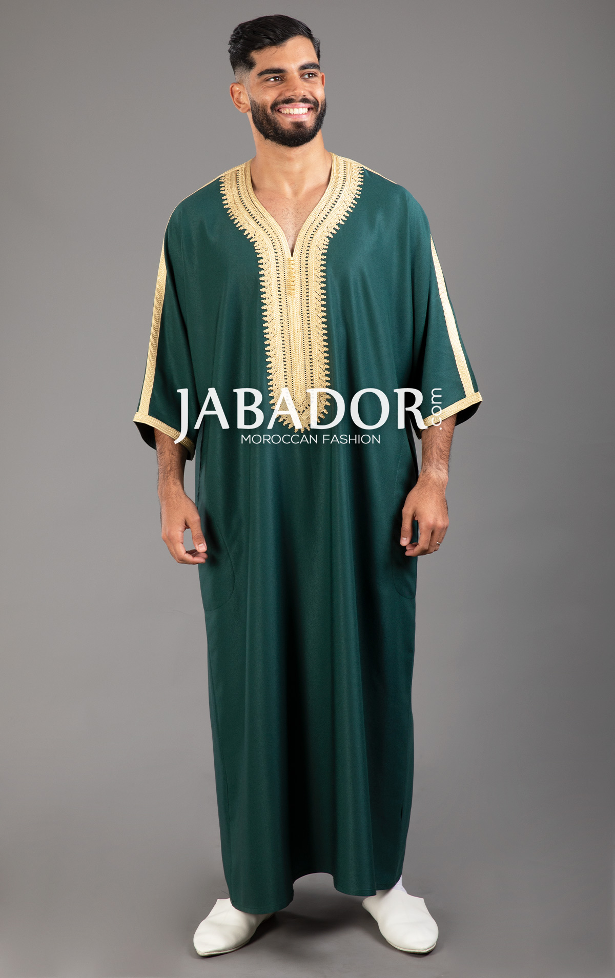 Green Moroccan Thobe with 4-thread golden embroidery by Jabador.com